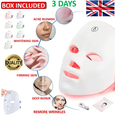 7 Colors Facial LED Mask Photon Skin Therapy Rejuvenation Wireless Anti Aging UK • £18.99