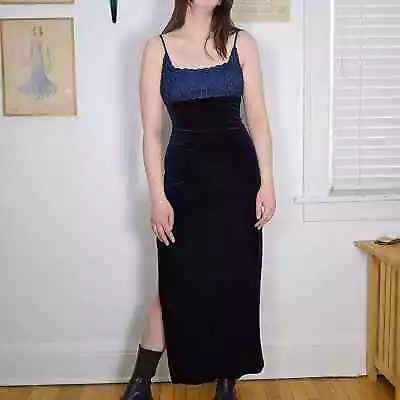 Vintage Blue Navy Velvet Prom Dress Gown High Slits Babydoll Size Small • $92