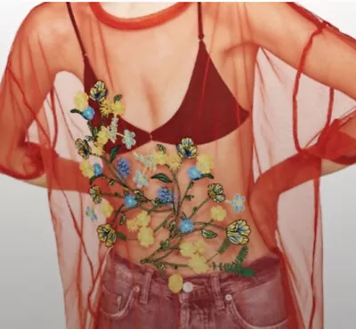 $24.99 • Buy Zara Sheer Mesh Floral Embroidered Pullover Top Short Sleeve XS Orange Colorful