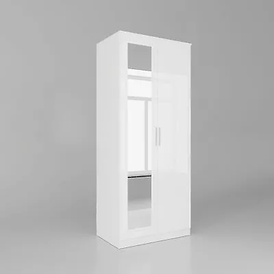 2 Door Wardrobe With Mirror Multicolor High Gloss Storage Hanging Rail Furniture • £136.98