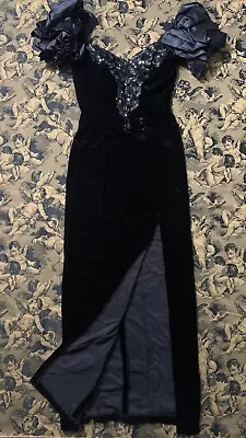 Vintage 90s Zum Zum Black Velvet Sequined Formal Maxi Dress Sz 3/4 • $39.99
