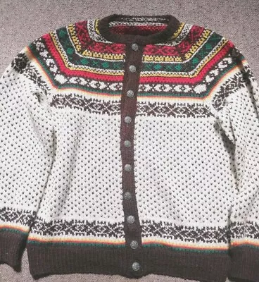 Nordic Fairisle 100% Wool Cardigan Size Large Hand Knit P2P 25  Vintage  • £3.20