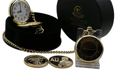 SIGNED MUHAMMAD ALI 24k Clad Gold Pocket Watch And Boxing Gold Coin Luxury Gift • $37.29