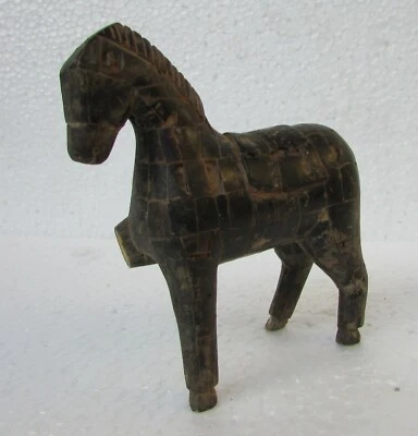 $119 • Buy Vintage Collectible Old Hand Carved Horn Fitted Wooden Statue Rare