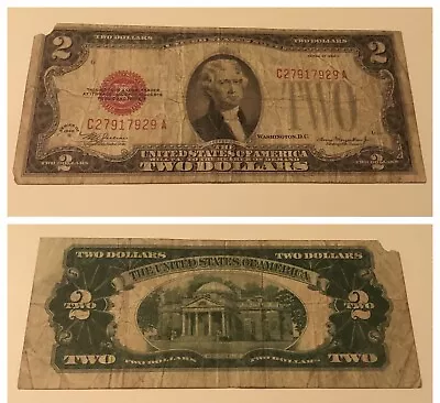 Vintage Two Dollar 1928-d $2 Bill United States Note Red Seal Jefferson Usn • $10.97