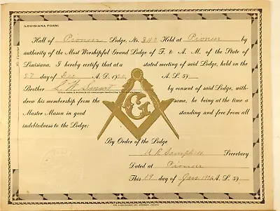 Masonic Grand Lodge Master Mason Of Louisiana Certificate 1921 • $24.95