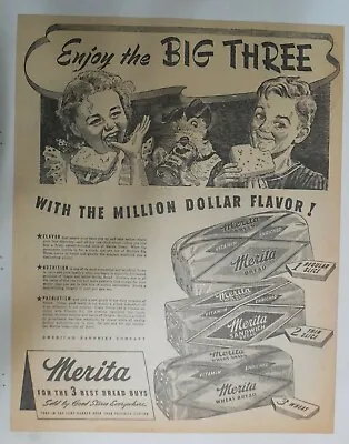 Merita Bread Ad: Enjoy The Big Three ! From 1940's Size: 14 X 18 Inches • $25