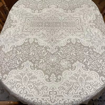 78”x64” VINTAGE Elegant Ivory QUAKER LACE TABLECLOTH Scalloped Edges With Flaws • $16.75