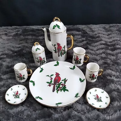 10 Piece Miniature Tea Set Porcelain Red Cardinal Birds In Original Box • $19.99