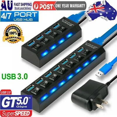 $14.69 • Buy 4 / 7 Ports USB Hub 3.0 Powered High Speed Splitter Extender Cable On/Off Switch