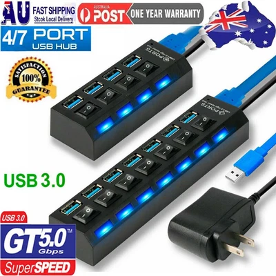 4 / 7 Ports USB Hub 3.0 Powered High Speed Splitter Extender Cable On/Off Switch • $18.38