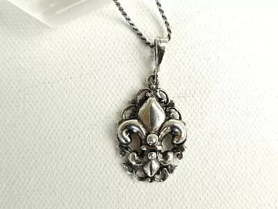 925 Sterling Silver Fleur De Lis Pendant- Rope Chain 18  Oxidized Charm • $49.29