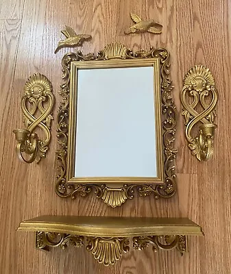 Vintage Homco Home Interior Decor GOLD Mirror Candle Sconces Shelf & Birds NEW • $149.95