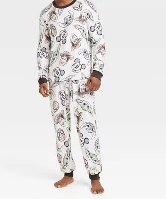 Men's 2pc Pajama Set - White Disney 100 Character Mash Up Soft Fabric Jogger Leg • $19.74