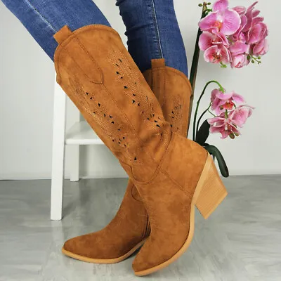 Cowboy Boots Shoes Ladies Mid Calf Zip Heel Western Faux Suede Comfy Womens Size • £29.99