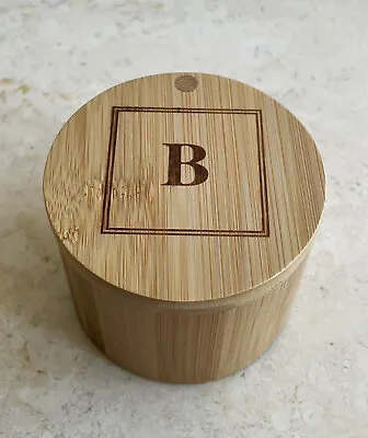 Bamboo Salt Cellar Spice Box Storage Magnetic Swivel Lid Monogram B Lipper • $14.95