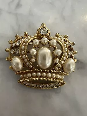 Vintage 24k Gold Plated Crown Brooch Pin W/ Faux Pearl And Swarovski Crystals • $78.95