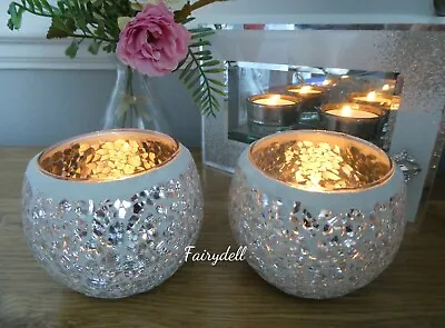 £12.95 • Buy PAIR OF GLASS CANDLE HOLDERS SILVER SPARKLING CRACKLE GLASS BOWLS 8cm X 7cm 
