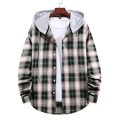 Mens Flannel Plaid Hoodie Shirts Jacket Casual Button Down Long Sleeve Lightweig • $24.26