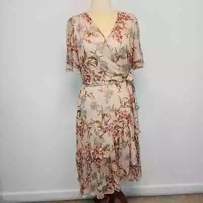 Vince Camuto Floral Ruffle Faux Wrap Midi Dress Womens 10 Chiffon Cottagecore • $22.50