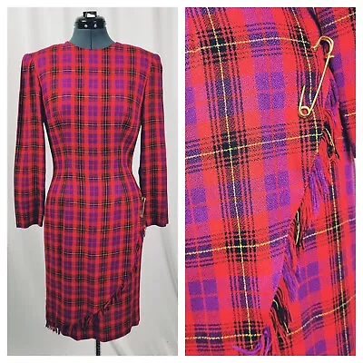 Vtg Oberon Red/Purple/Black Plaid Sheath Dress W Fringed Faux Wrap Skirt Size 4 • $21.99