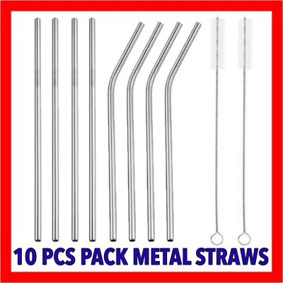$1 • Buy 10 Pcs Metal Straws Stainless Steel Drinking Straw Straight Bent Brush Reusable
