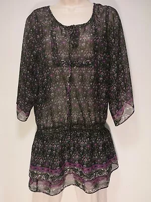 Internacionale Black Floral 3/4 Length Sleeve Sheer Top - Size 8 (667g) • £3.96