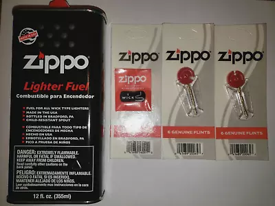 Zippo 12oz Fuel Fluid And 12 Flints & 1 Wick Value Pack Combo • $9