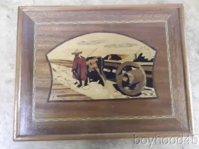 Vintage Wood Inlay Marquetry Picture-Mexican Peasant Farmer Beside Wagon-SIGNED • $15