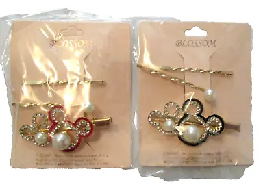 Mickey Mouse Hair Clips Bobby Pins Gold Tone Pearl Red Black Set Of 2 • $15