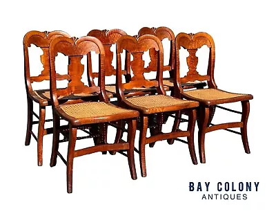 Set Of Six Antique Federal Period Bird's Eye & Tiger Maple Country Dining Chairs • $3528