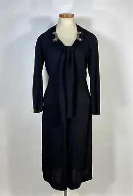 Vintage 1940's Black Wool Crepe Dress With Neckline Tie & Beading Embellishment • $101.50