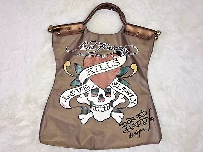 ED HARDY Womens LOVE KILLS SLOWLY Cross And Bones Gold Tattoo Large Tote Bag  • $26.99