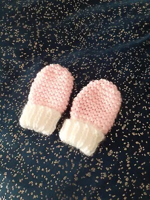 Hand Knitted Baby 0-3 Months Pale Pink Mittens And White  Gift Baby Shower • £1