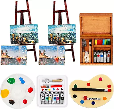 6 Pieces 1:12 Miniature Dollhouse Accessories Painting Tool Set Wooden Easel Dol • $29.61