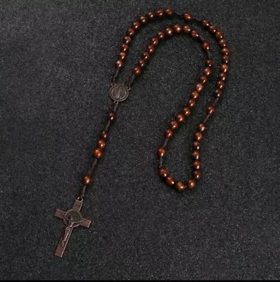 Wooden Rosary Bead Necklace Cross Bronze Crucifix Fathers Day Mens Boy Gift • £9.50