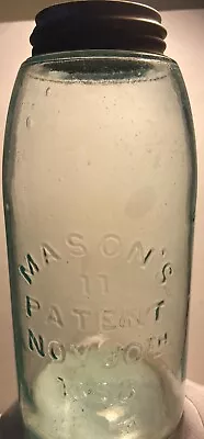 MASON'S 11 UNDERLINED PATENT NOV 30TH 1858 Aqua 1/2 Gallon Fruit Jar W/Zinc Lid • $24.99