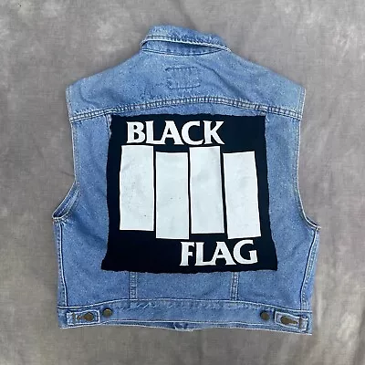 Vintage LEE Sleeveless Jacket Vest Adults Medium Blue Denim Black Flag Patch Men • $69.99