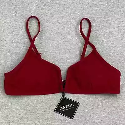 Zaful Bikini Top Womens 8 Red Ribbed V Neck Spaghetti Strap Swimsuit Strappy • $19.99