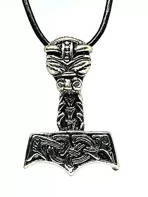 Thors Hammer Uhtred Pendant Mjolnir Bear's Head Viking Asatru Leather Necklace • $18.68