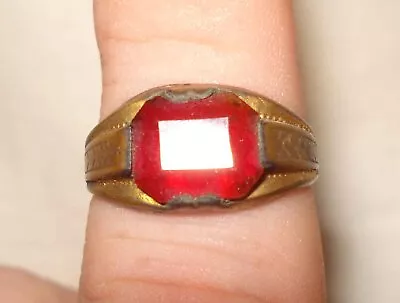 Vintage Gold Tone Metal Red Stone Engraved Amusement Park Fair Game Prize Ring • $4