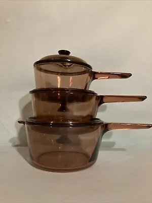 Pyrex Vision Ware Amber Brown Corning Cookware Set 1L 1.5L 2.5L Pots/Lids  VTG • $89.99