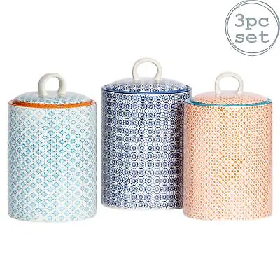 3x Hand-Printed Kitchen Canisters Porcelain Food Storage Jar 15.5cm 3 Colours • £34