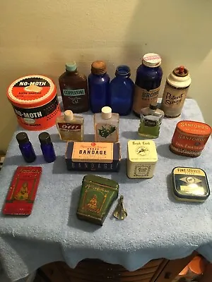 Vintage Medicine Cabinet Contents Glass Bottles Tin Cans Etc Lot Read The Ad • $175