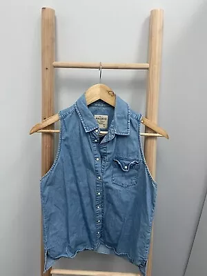 $10 • Buy Pull&Bear Blue Denim Sleeveless Shirt Size S 10 Top Pull And Bear