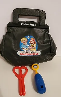 Vintage Fisher Price Doctor Black Bag Medical Kit With 2 Accessories • $12