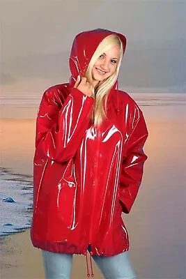 Women Red PVC VINYL TRENCH RAIN COAT JACKET HOODIE -Waterproof Punk Rock • $99.99