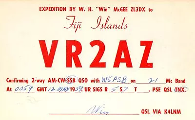 VR2AZ QSL Card--Fiji Islands--1959 • $6