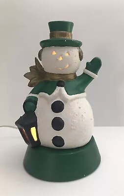 Vintage Light Up Ceramic Snowman Lamp 10  Christmas Decoration Green Gold Works • $35