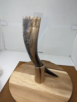 Large Viking Natural Drinking Horn With Stand Ornately Engraved Beautiful • $45